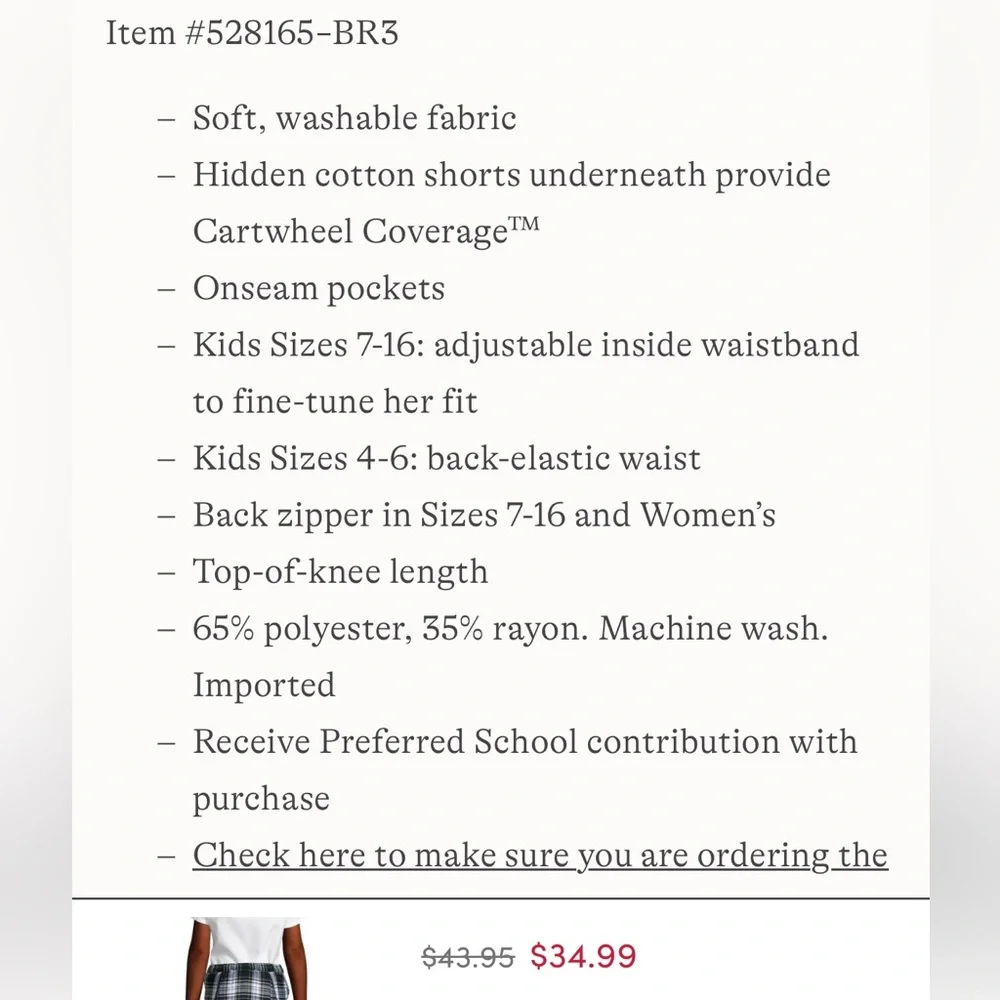 Lands End School Uniform Girl Plaid Top of Knee Skort   | Lands End Skort